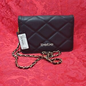 Bebe LA Black Quilted Cassia Flap Crossbody Bag With Logo & Gold Plated Chain
